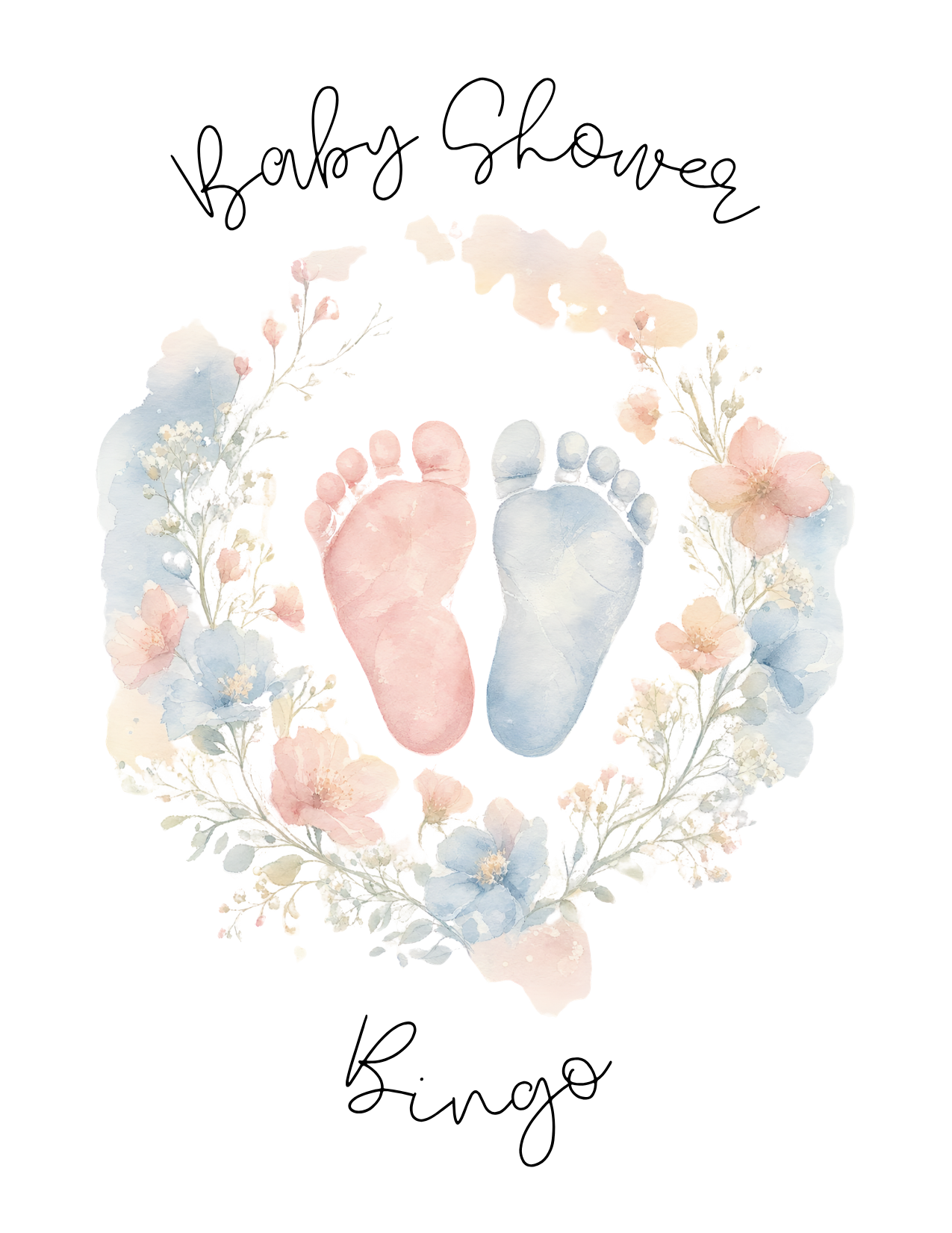 Baby Shower Bingo - Pink & Blue Watercolor Baby Feet (Gender Neutral)