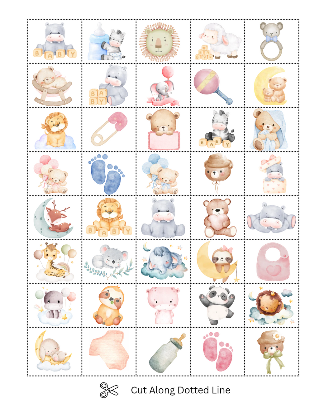 Baby Shower Bingo — Neutral Baby Animals & Balloons Watercolor | 25 Unique Cards