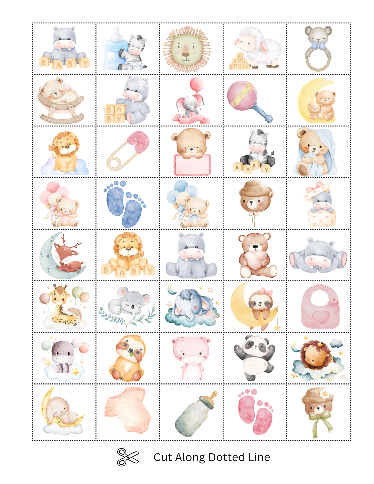 Baby Shower Bingo — Neutral Baby Animals & Balloons Watercolor | 25 Unique Cards