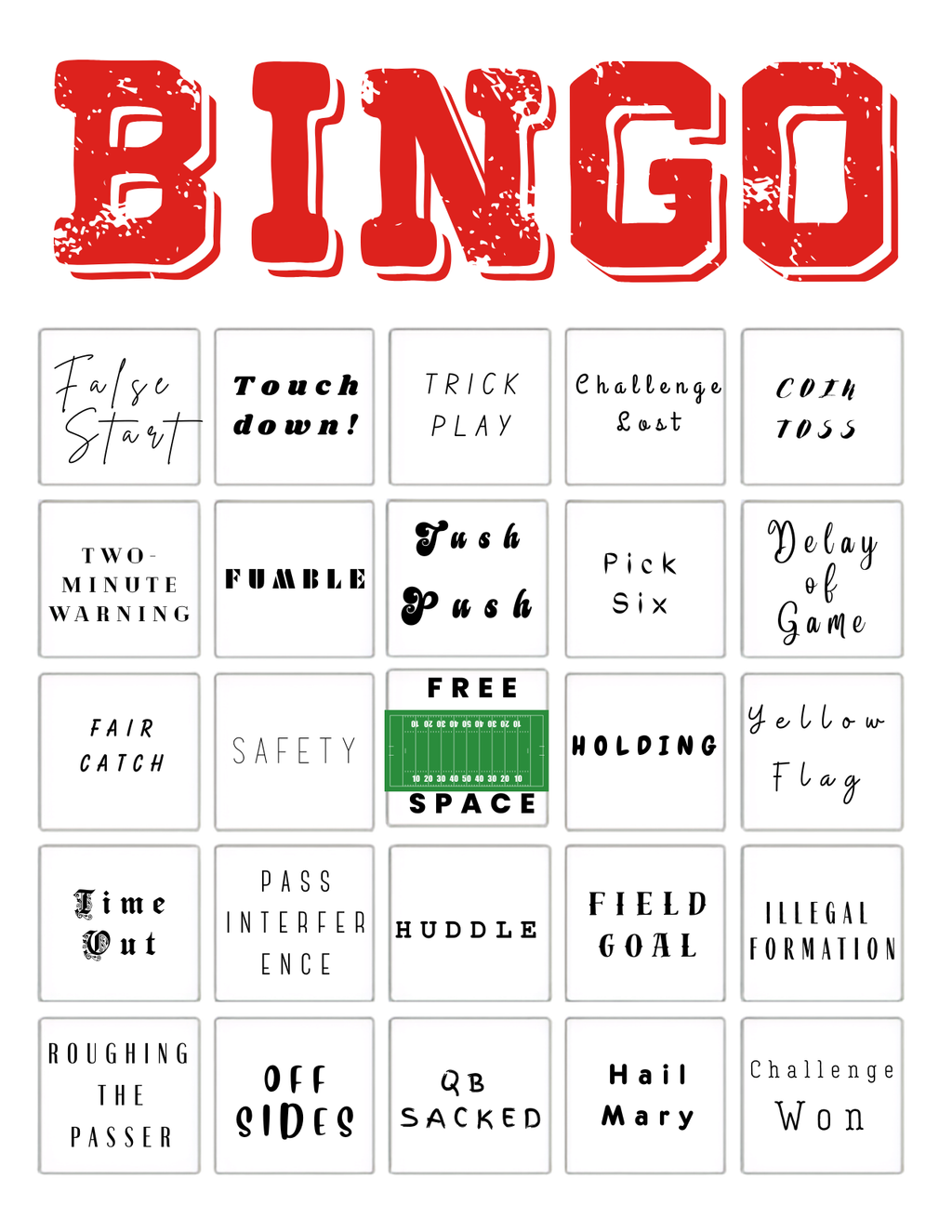 Football Game Day Bingo – 30 Unique Printable Cards
