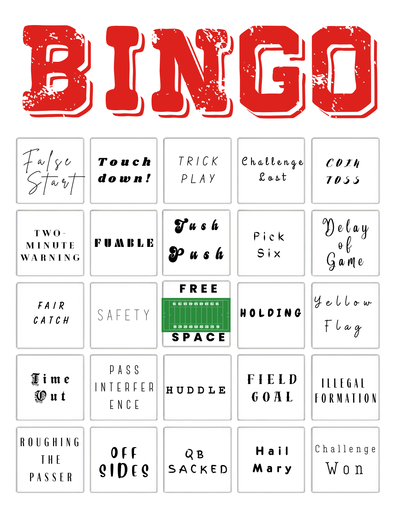 Football Game Day Bingo – 30 Unique Printable Cards