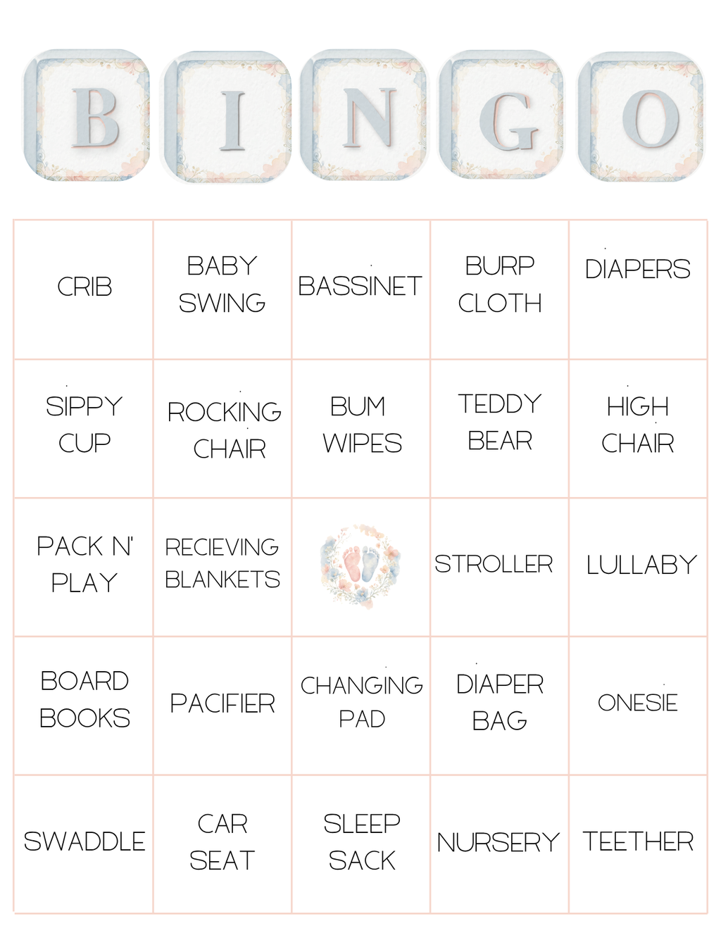 Baby Shower Bingo - Pink & Blue Watercolor Baby Feet (Gender Neutral)