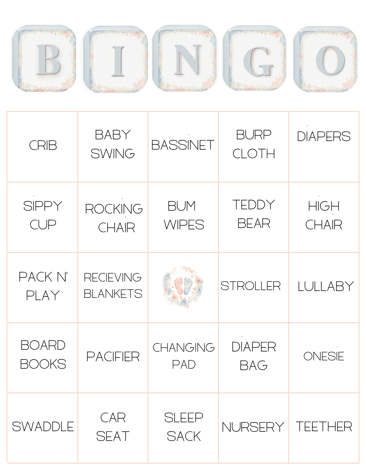 Baby Shower Bingo - Pink & Blue Watercolor Baby Feet (Gender Neutral)