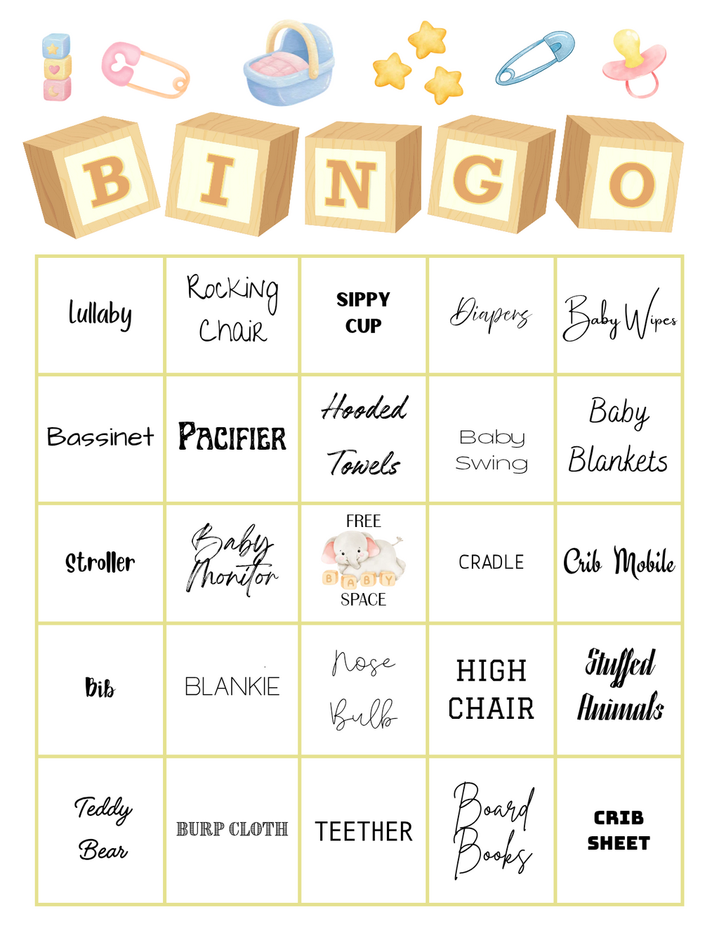 Baby Shower Bingo — Neutral Baby Animals & Balloons Watercolor | 25 Unique Cards