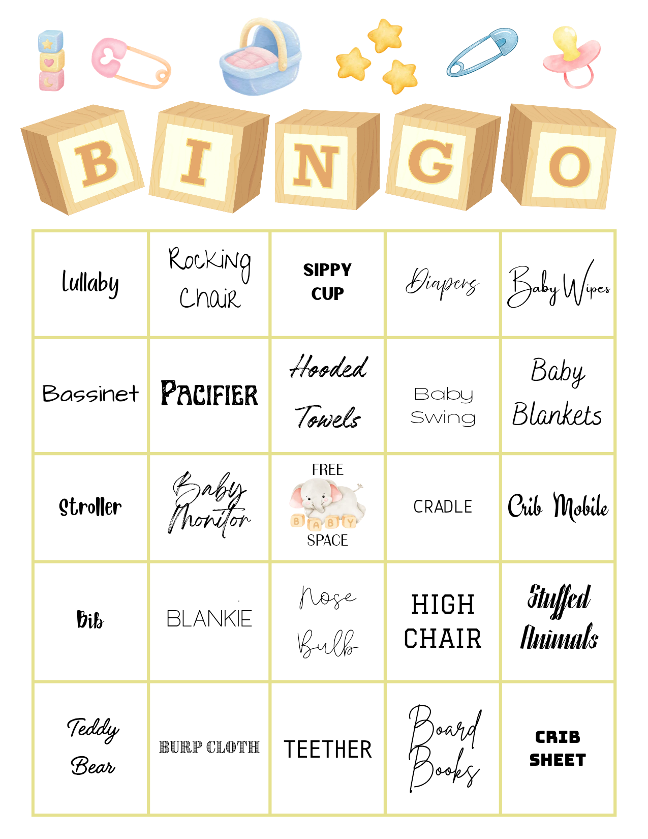 Baby Shower Bingo — Neutral Baby Animals & Balloons Watercolor | 25 Unique Cards