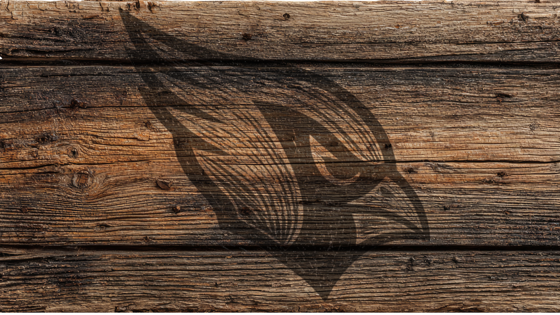 A rustic wood plank surface with a dark brown etched or burned logo of a bird head, likely a cardinal or similar cardinal species, in profile.