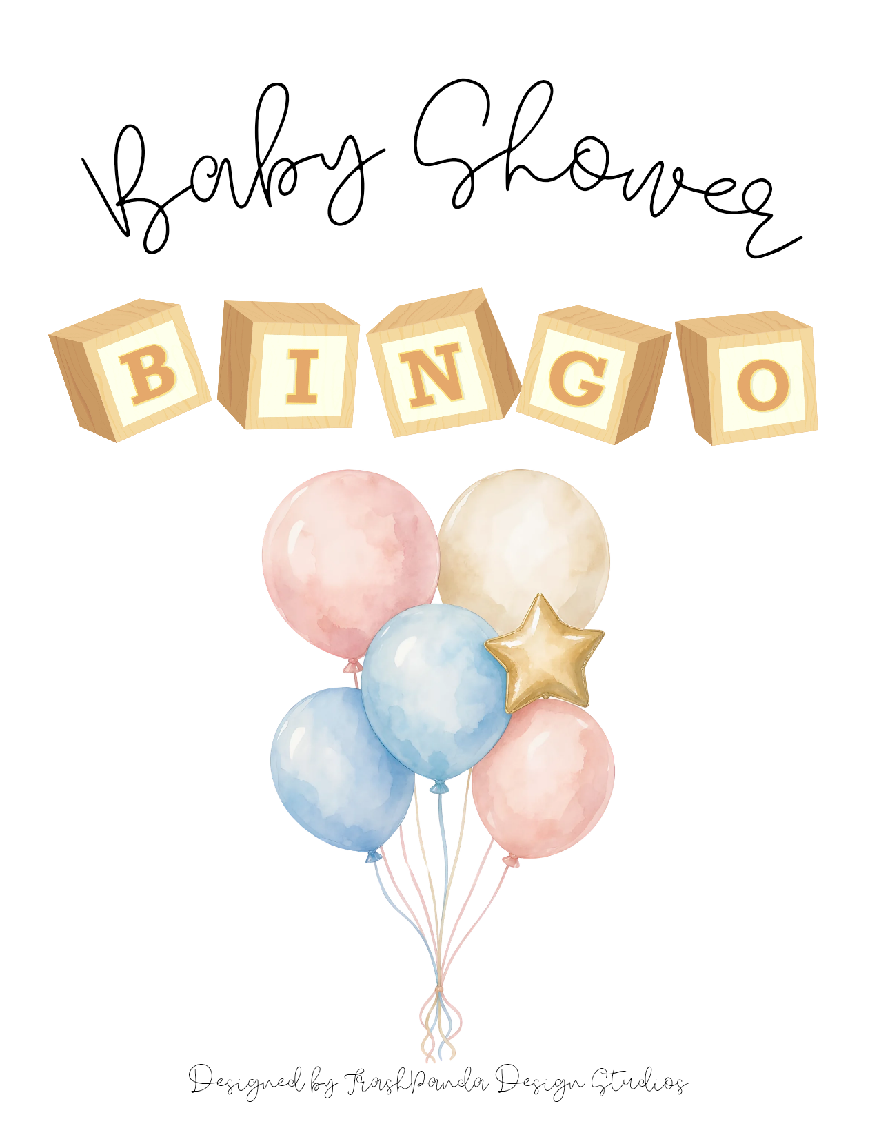 Baby Shower Bingo — Neutral Baby Animals & Balloons Watercolor | 25 Unique Cards