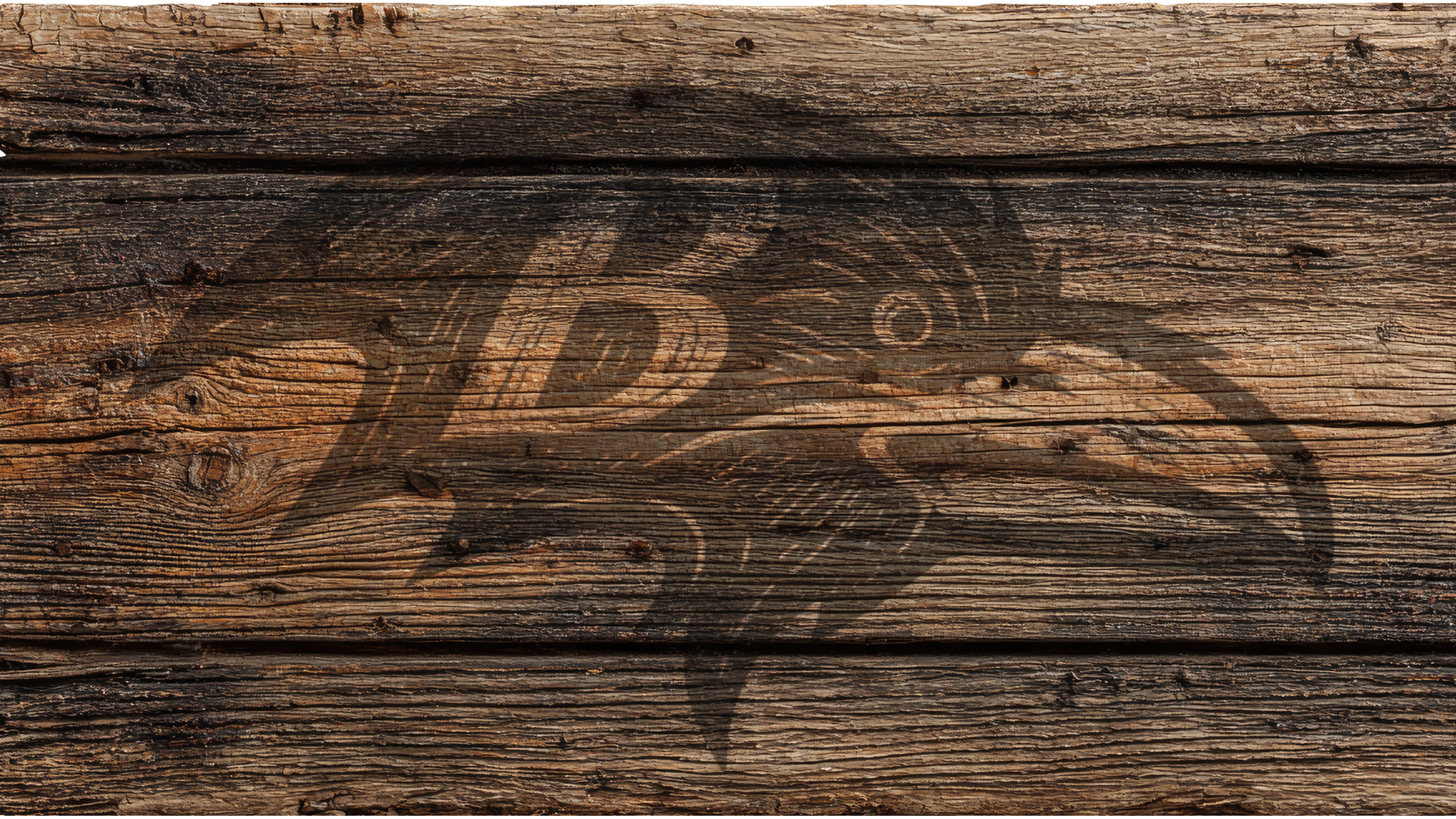 A dark brown graphic of a raven head with a stylized letter B on its wing, printed over a rustic horizontal wood plank background.