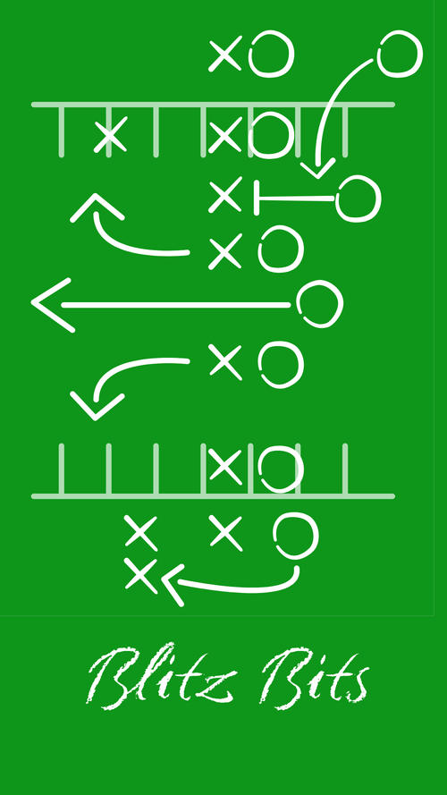 A green graphic with white football play diagrams and the text 'Blitz Bits' at the bottom.