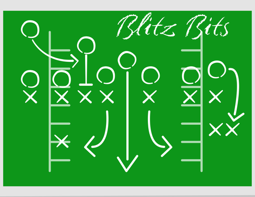 A green tactical playbook board with white chalk-style drawings of player positions, arrows, and ladders, plus the handwritten text 'Blitz Bits' at the top.