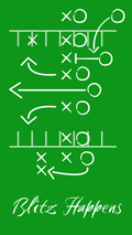 A green graphic with white football play diagrams and arrows, plus the text 'Blitz Happens' at the bottom.