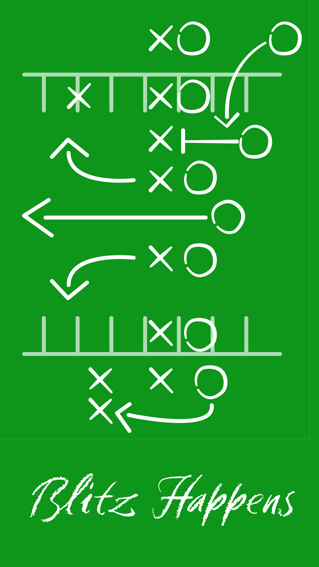 A green graphic with white football play diagrams and arrows, plus the text 'Blitz Happens' at the bottom.