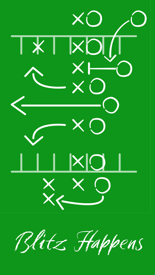 A green graphic with white football play diagrams and arrows, plus the text 'Blitz Happens' at the bottom.