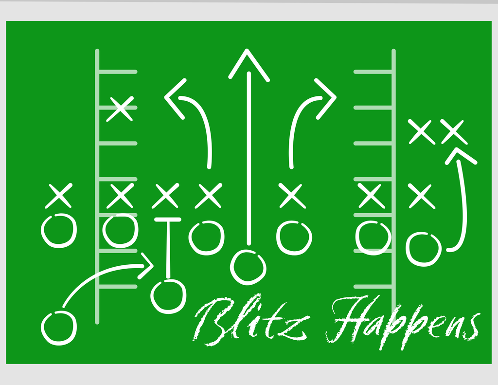 American Football Blitz Play chalkboard with Blitz Happens written across the foot.