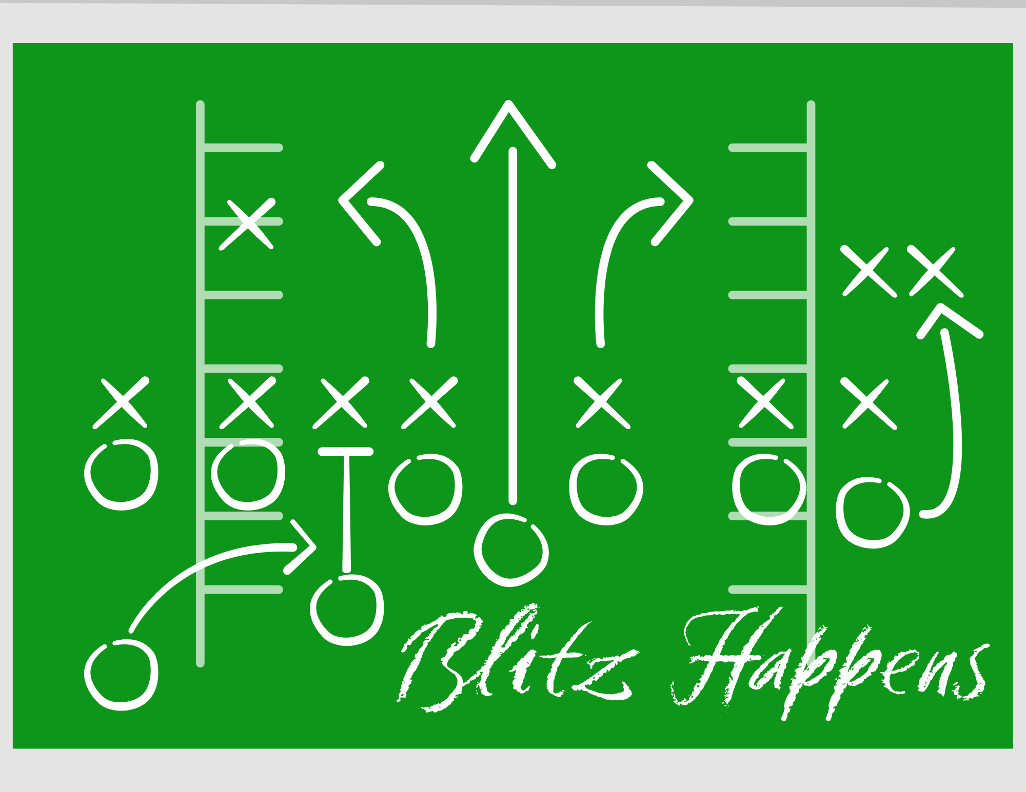 American Football Blitz Play chalkboard with Blitz Happens written across the foot.