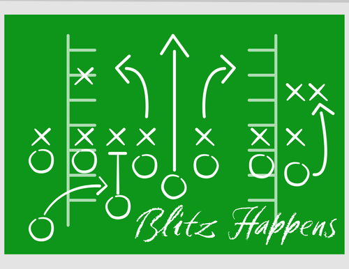 American Football Blitz Play chalkboard with Blitz Happens written across the foot.