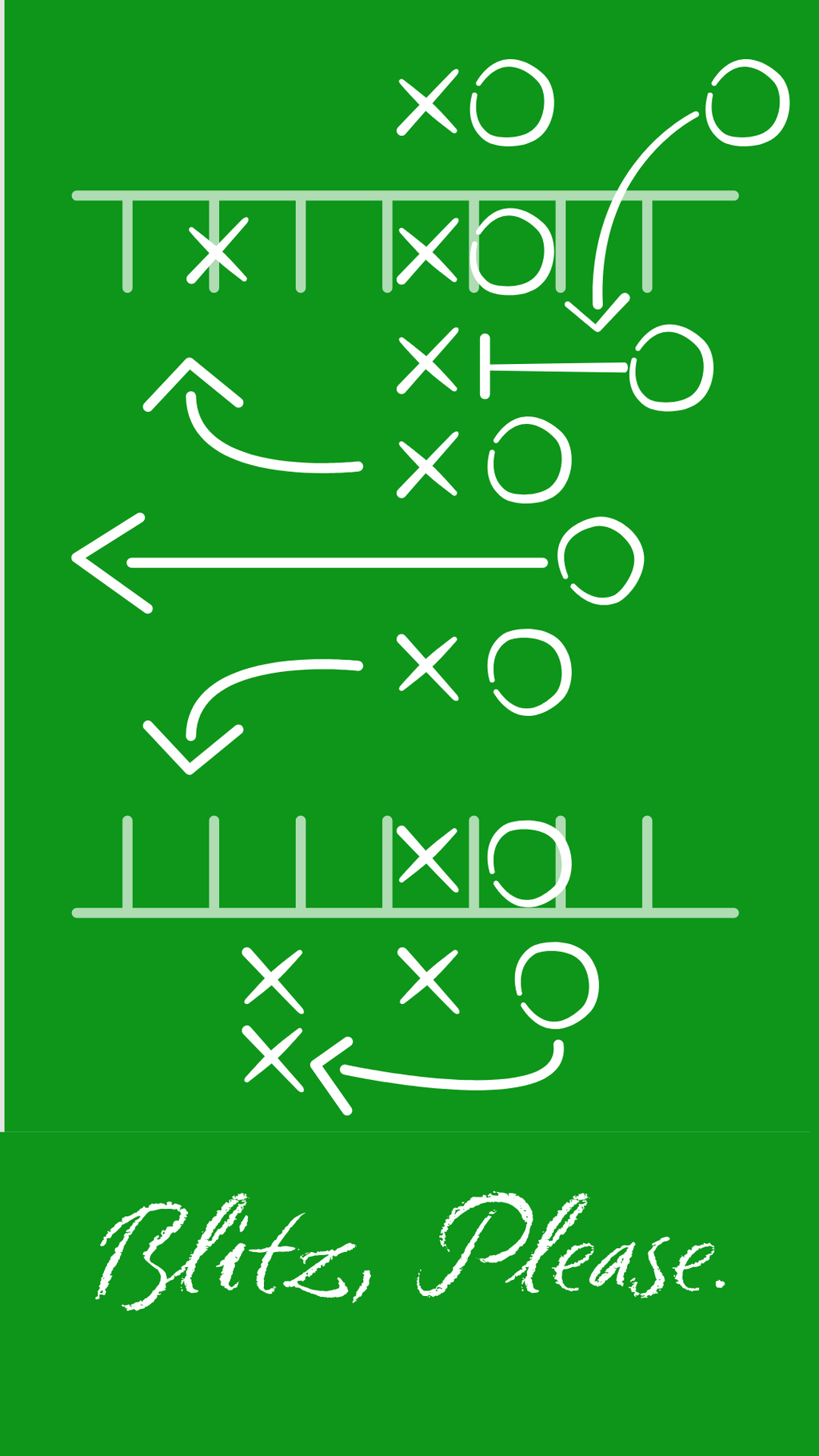 A green rectangular graphic with white football play diagrams and the text 'Blitz, Please.' at the bottom.