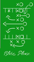A green rectangular graphic with white football play diagrams and the text 'Blitz, Please.' at the bottom.