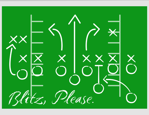 A green rectangular graphic with white football play diagram symbols and the handwritten text 'Blitz, Please.' at the bottom, shown on a light gray background.