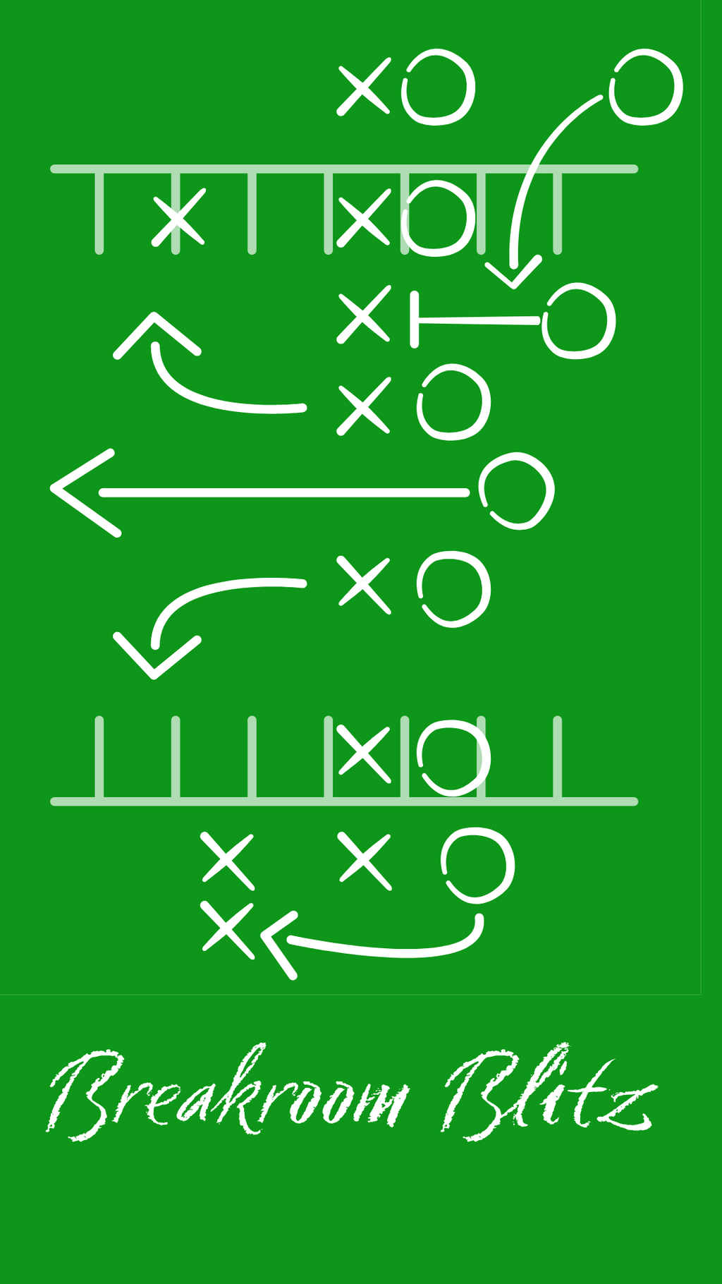 A green square graphic with white football play diagrams and the text 'Breakroom Blitz' at the bottom.