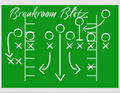 A green chalkboard-style graphic with the words "Breakroom Blitz" in white script and white hand-drawn football play diagrams, including arrows, and ladder markings.