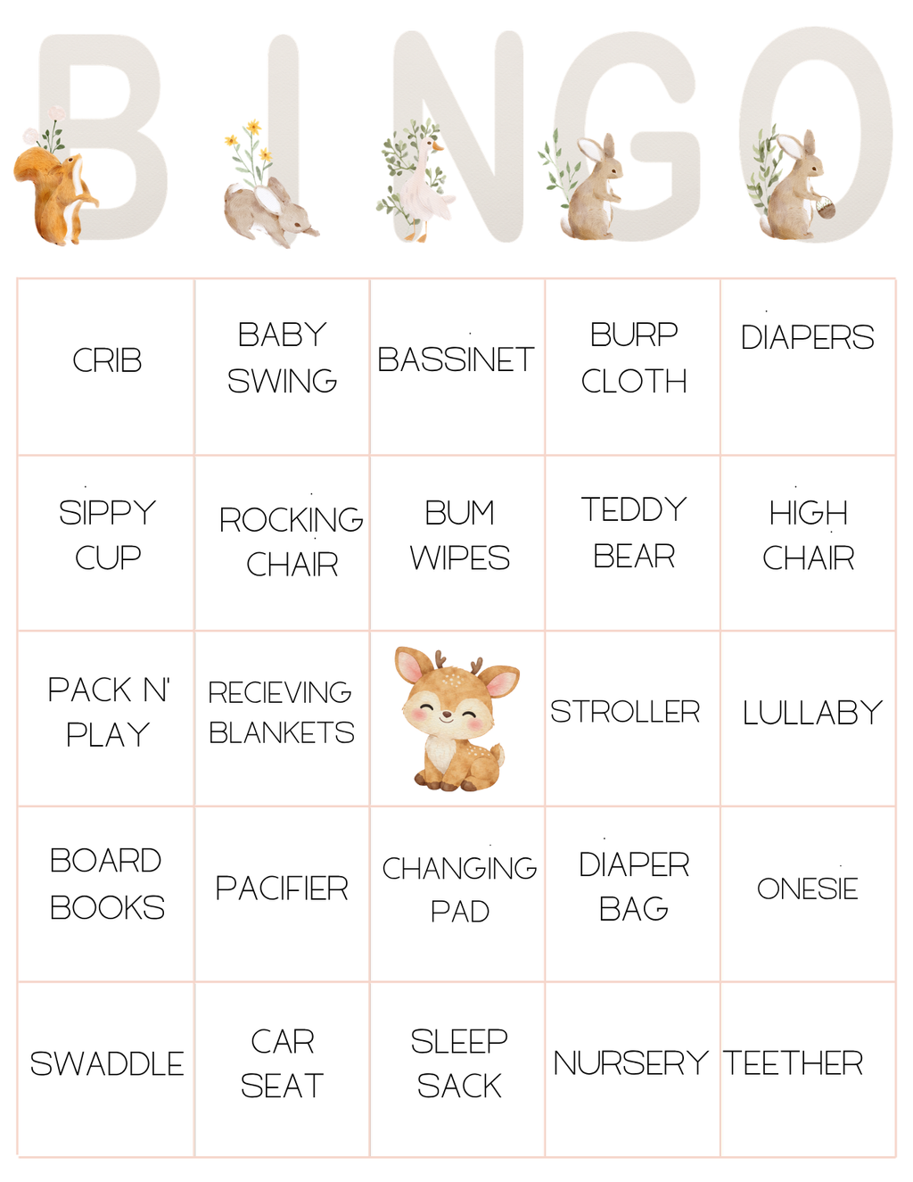 Baby Shower Bingo - Mommy & Baby Woodland Animals