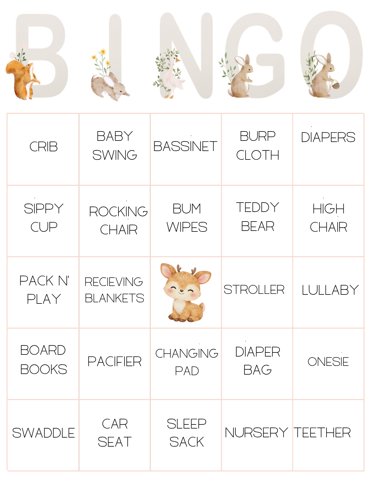 Baby Shower Bingo - Mommy & Baby Woodland Animals