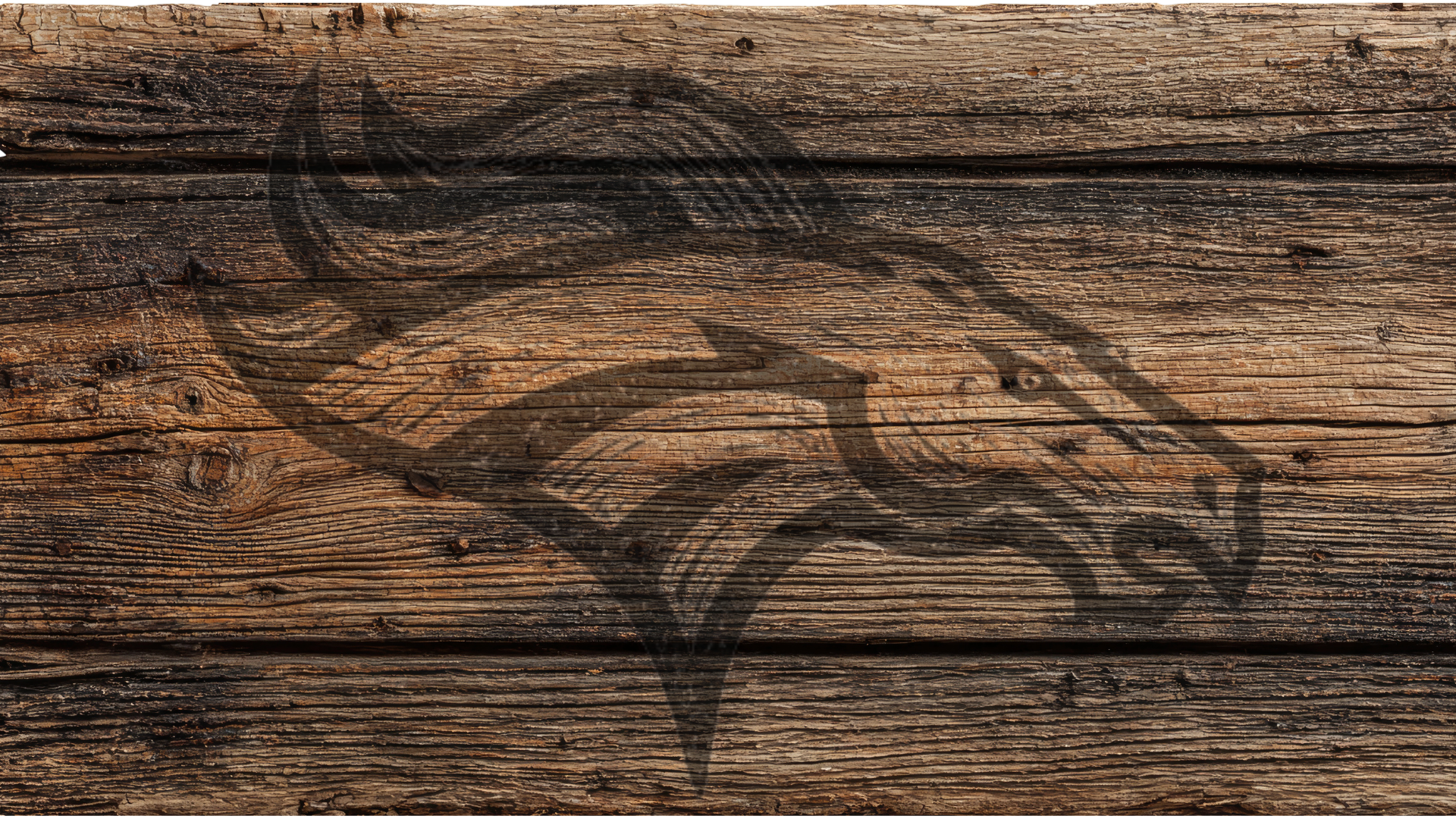 A dark brown etched or engraved horse head logo on a rustic dark wood plank background.