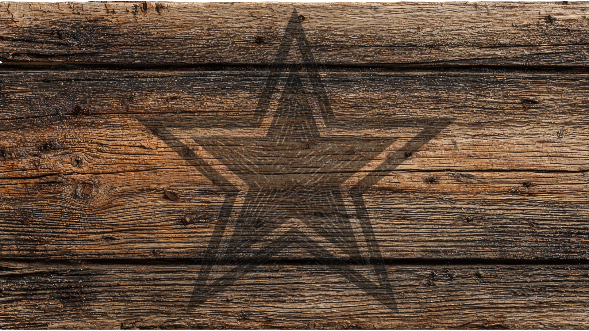 Rustic brown wooden planks background with a large dark star graphic overlaid in the center.