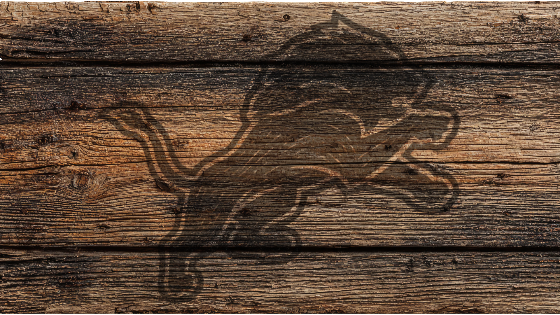 A rustic brown wooden plank surface with a dark engraved or burned lion logo across the center.