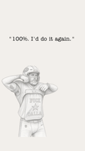 A black and white sketch of a football player wearing a helmet and jersey with the words 'FUCK DALLAS' on the front, with the quote '"100%. I'd do it again."'