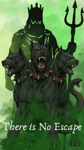 Digital fantasy illustration featuring three roaring black dogs with spiked collars, a green snake, and a dark shadowy figure holding a trident behind them, with the text 'There is No Escape' at the bottom.