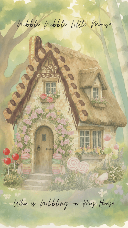 A whimsical illustrated cottage with a thatched roof, pink floral arches, and playful candy-like details in a soft pastel landscape. Handwritten text at the top reads 'Nibble Nibble Little Mouse' and text at the bottom reads 'Who is nibbling on my house'.