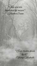 A moody black and white graphic print featuring a faint illustration of a knight on a horse in a misty forest, with two text quotes overlaid: 'Then you are bewitched by reason.' -Ichabod Crane and 'I am beaten down by it!' -Young Masbath.