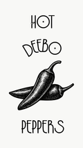 Black and white graphic illustration featuring three hand-drawn chili peppers with the text 'HOT DEEBO PEPPERS' in a stylized font on a light background.
