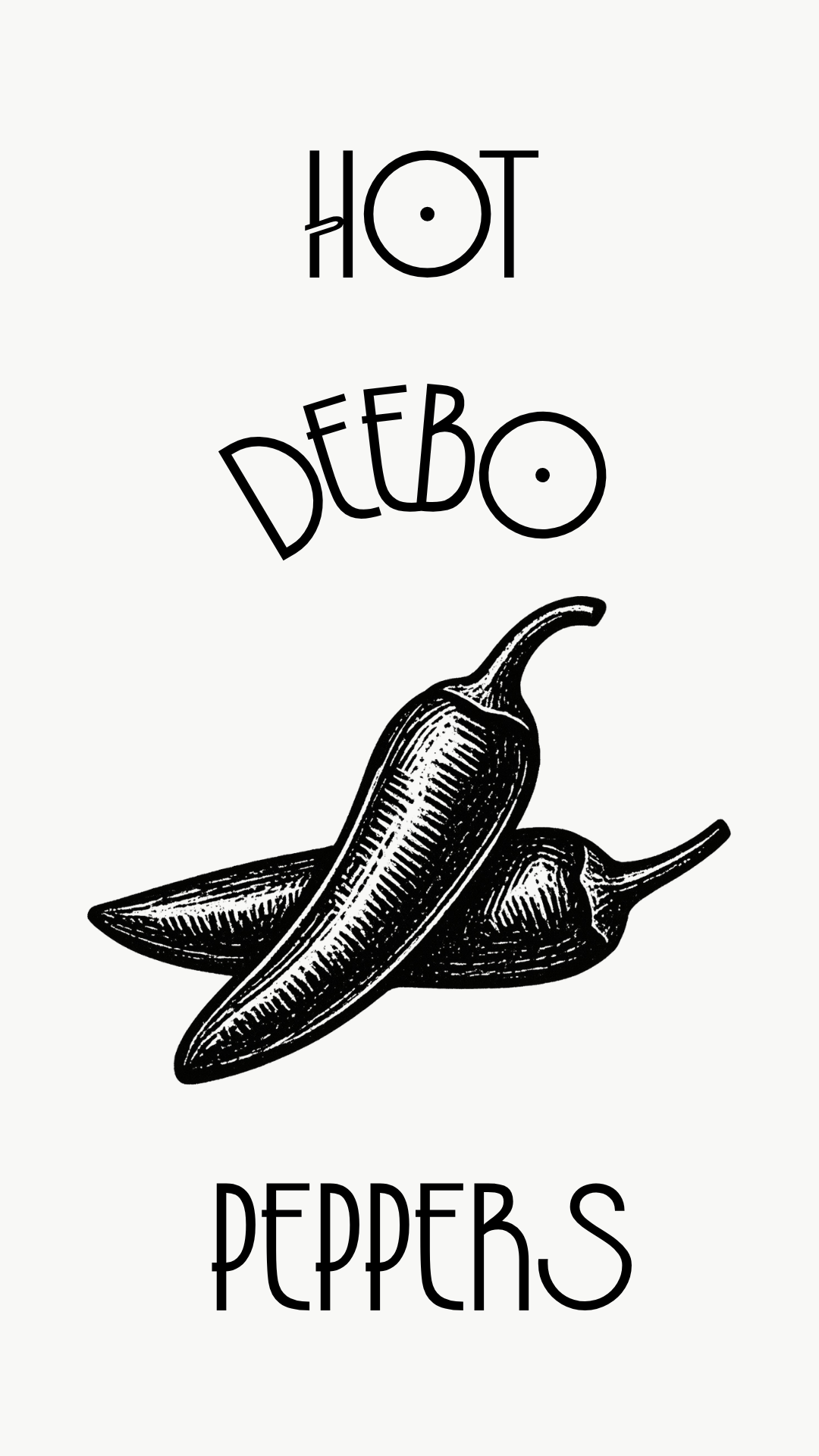 Black and white graphic illustration featuring three hand-drawn chili peppers with the text 'HOT DEEBO PEPPERS' in a stylized font on a light background.