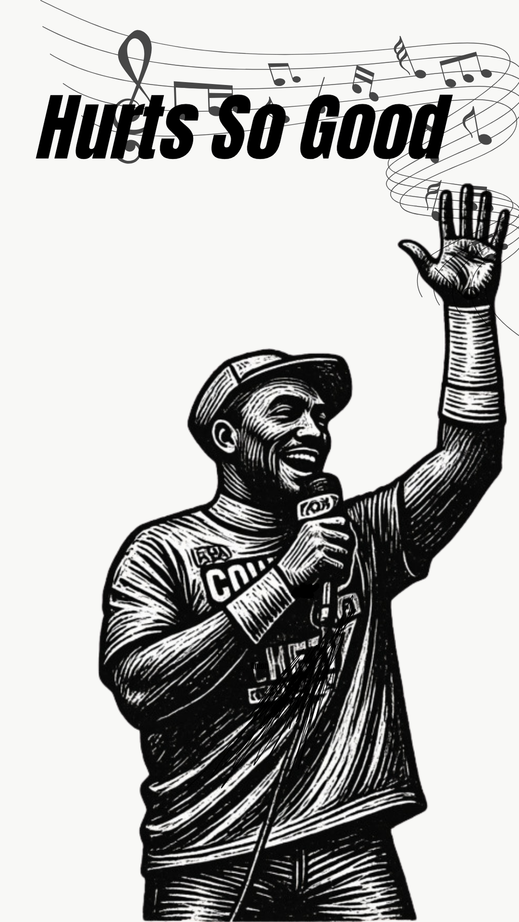 Jalen Hurts Inspired Black and white graphic print featuring a comic-style illustration of a man singing into a microphone with one hand raised, under the text 'Hurts So Good' with musical notes and a ribbon.