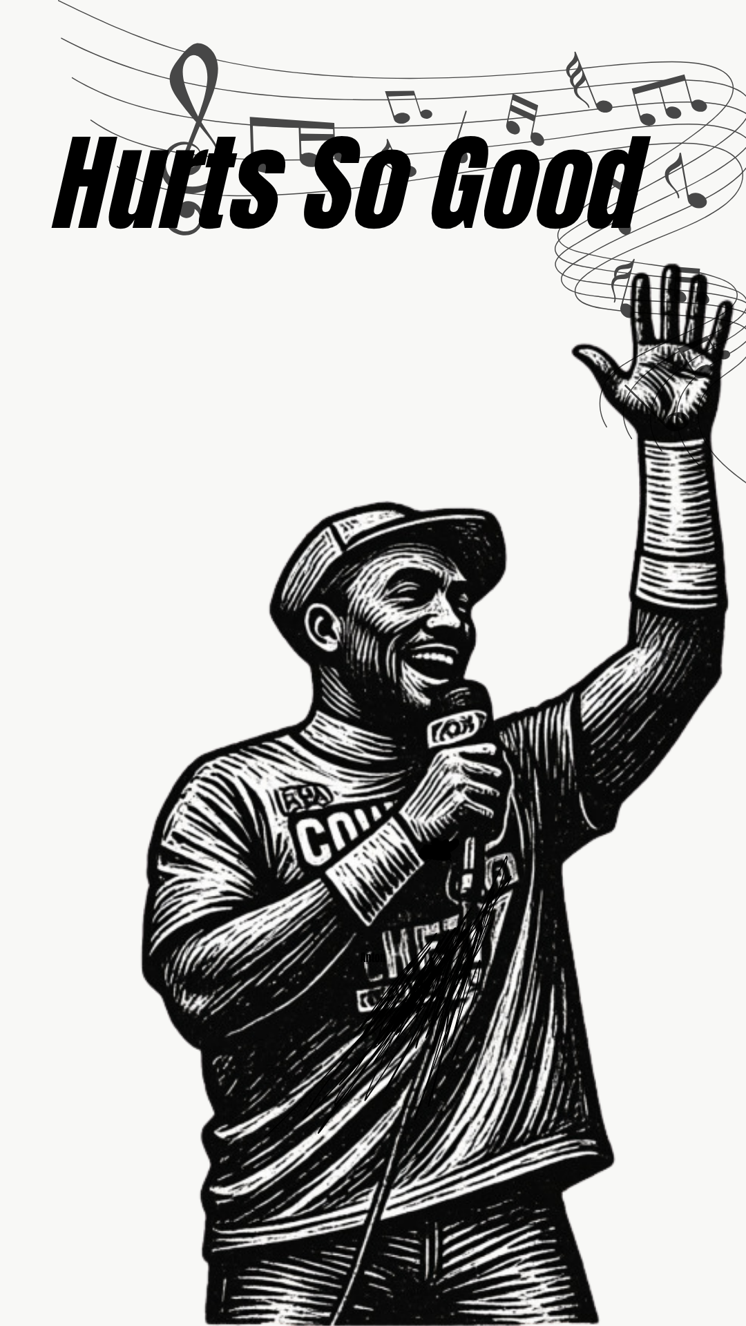 Jalen Hurts Inspired Black and white graphic print featuring a comic-style illustration of a man singing into a microphone with one hand raised, under the text 'Hurts So Good' with musical notes and a ribbon.