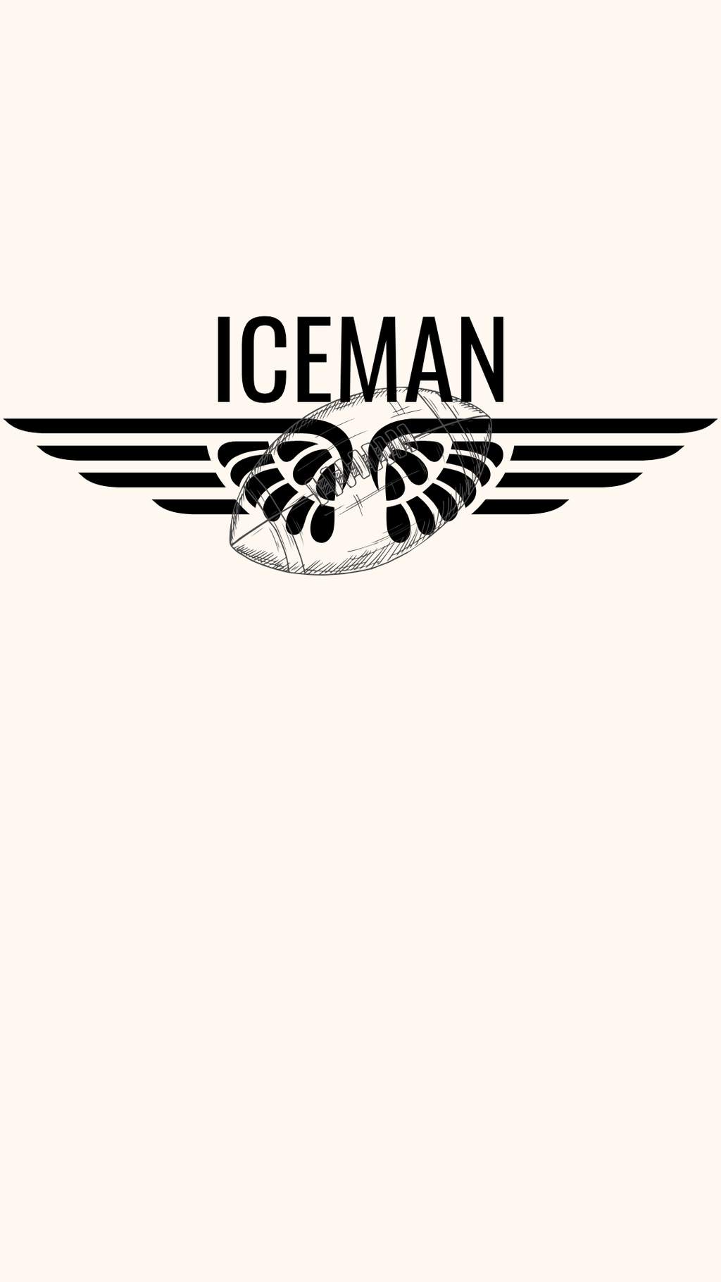 A black winged emblem with the word 'ICEMAN' above it on a plain light beige background. A sketched American football graphic in the flight wing graphic.