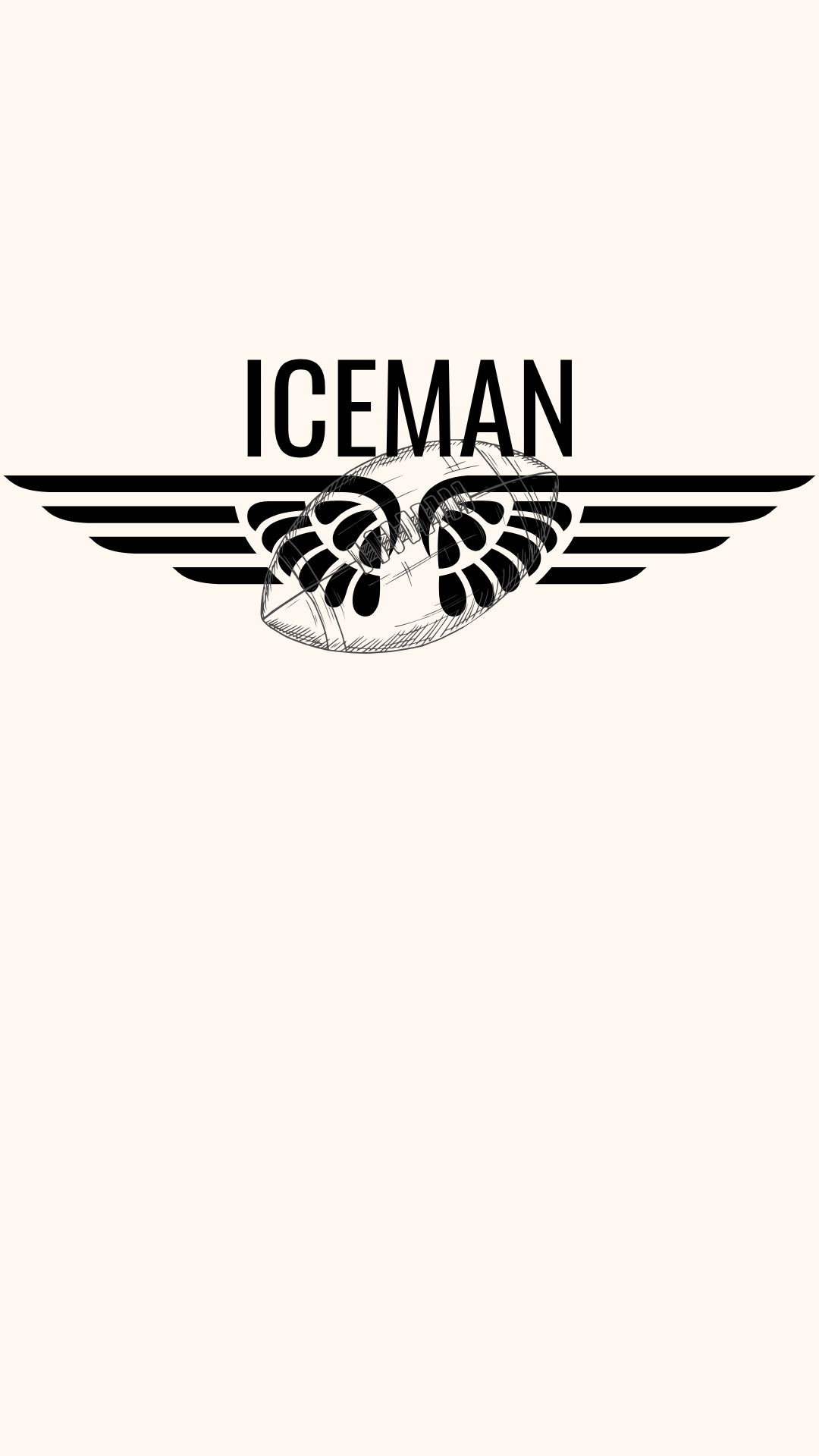 A black winged emblem with the word 'ICEMAN' above it on a plain light beige background. A sketched American football graphic in the flight wing graphic.
