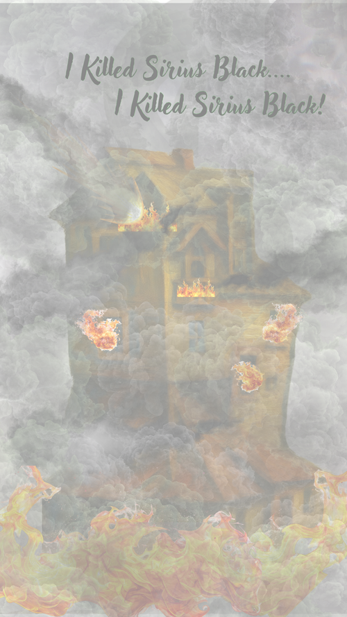 A square graphic print or poster featuring a smoky, fiery illustration of a burning house, with the text 'I Killed Sirius Black.