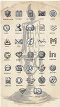 A digital graphic featuring a collection of popular social media, messaging, and utility icons designed in a textured, metallic silver 3D block style, arranged on a beige parchment background with a central candle stick with a black flame.