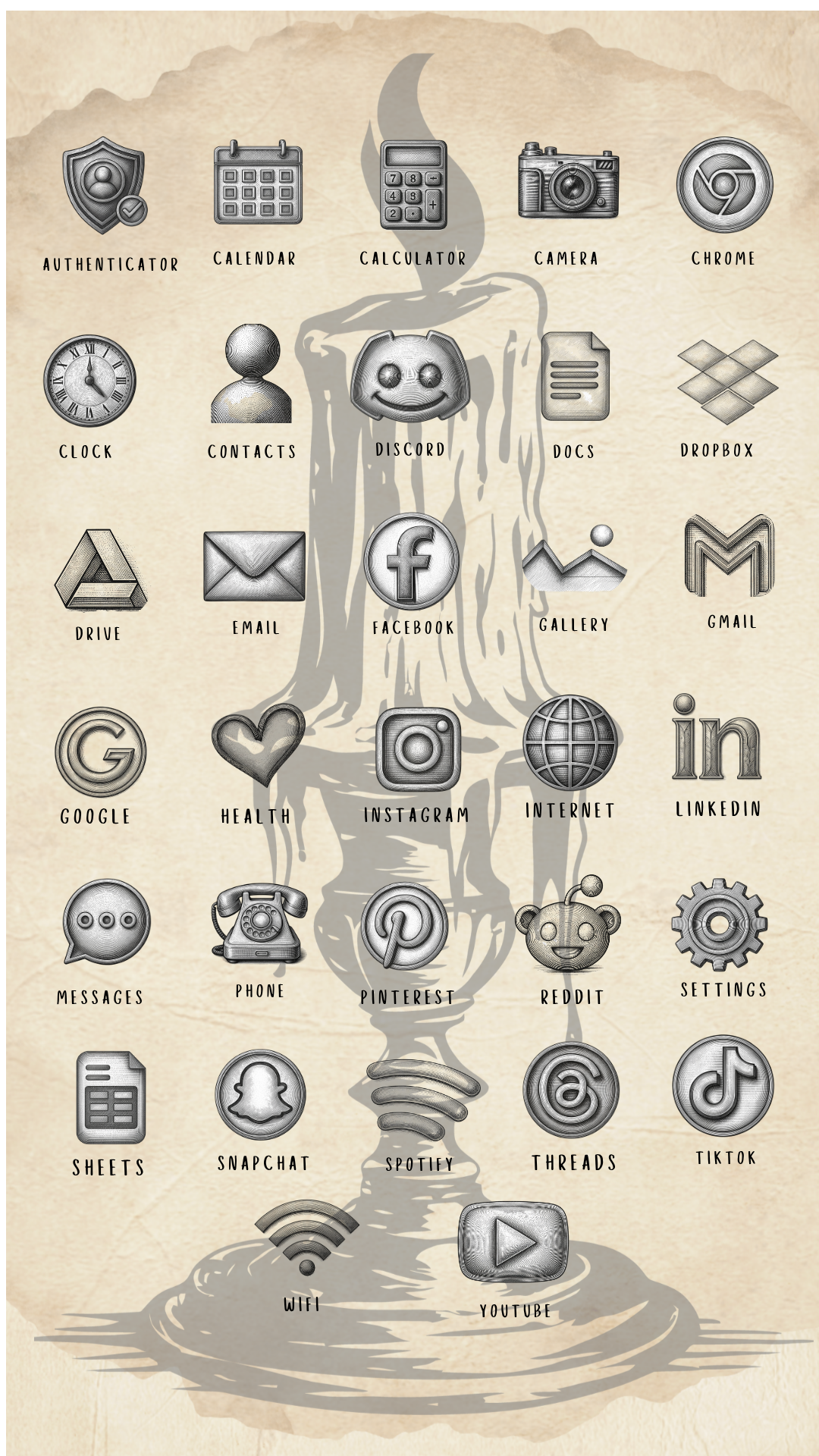 A digital graphic featuring a collection of popular social media, messaging, and utility icons designed in a textured, metallic silver 3D block style, arranged on a beige parchment background with a central candle stick with a black flame.
