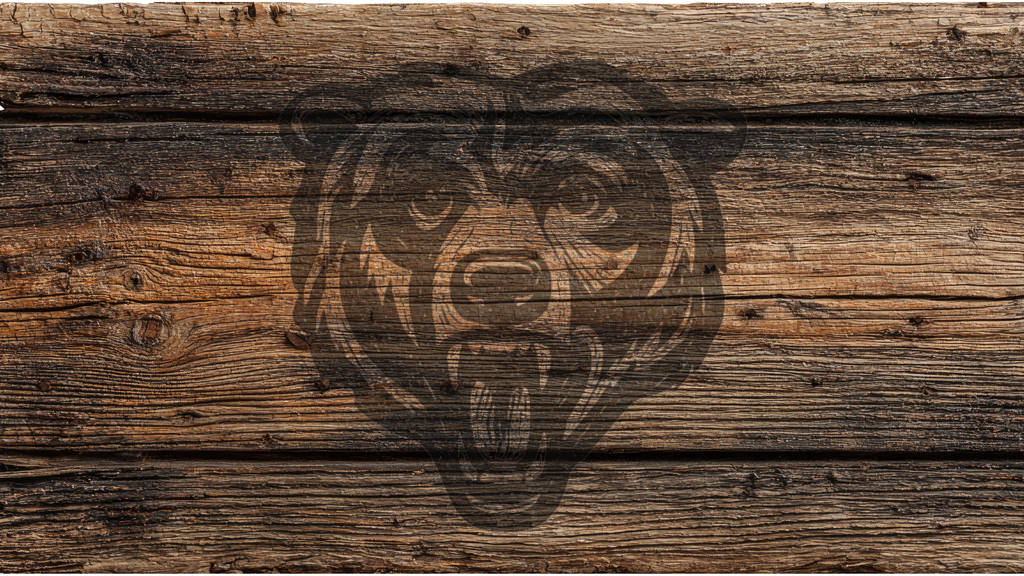 A rustic dark brown bear head logo or decal printed on a weathered horizontal wood plank background.