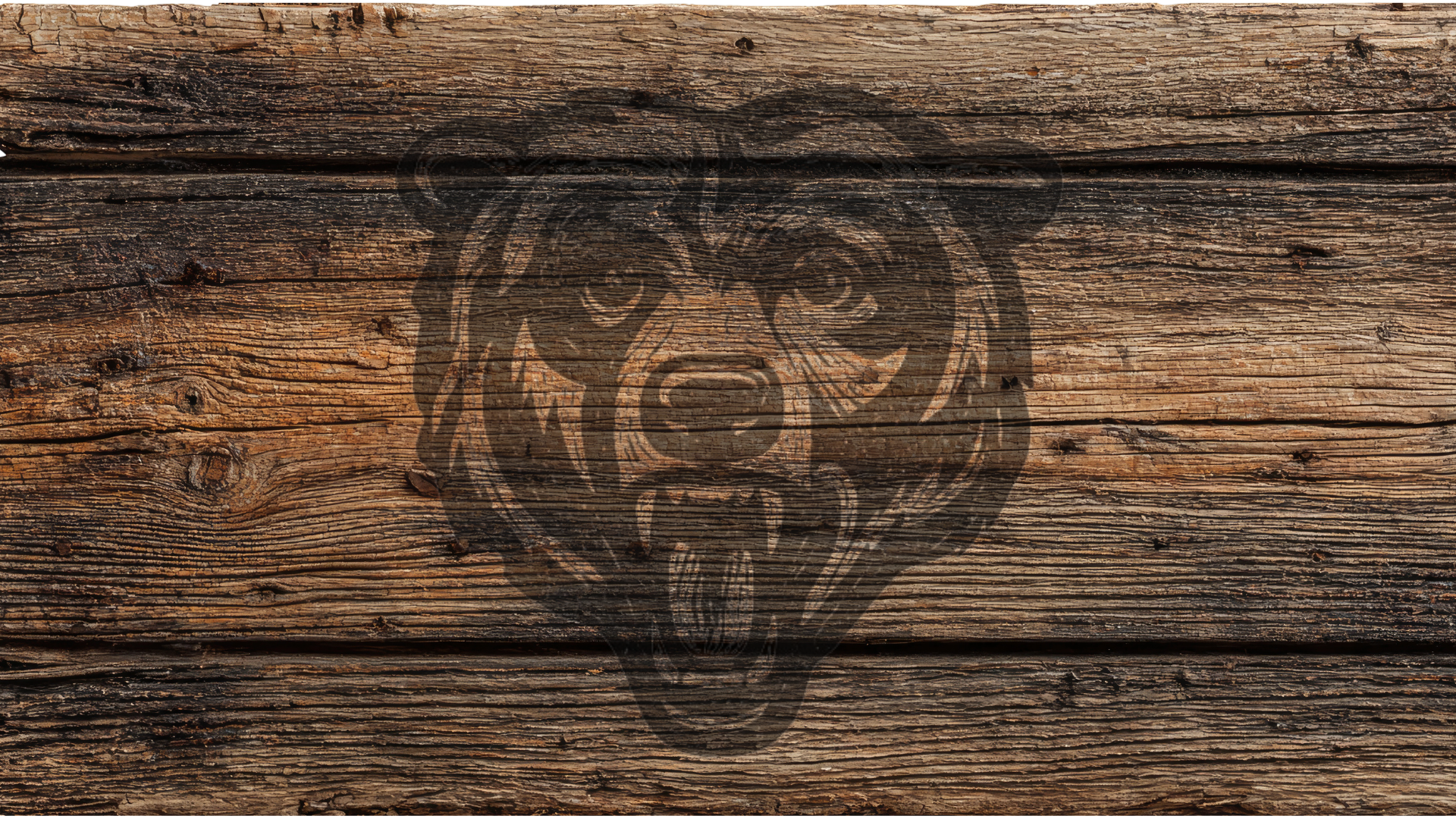 A rustic dark brown bear head logo or decal printed on a weathered horizontal wood plank background.