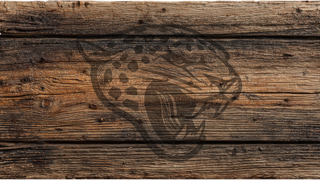 Rustic dark brown wood plank background with a faded black jaguar head graphic overlaid across the center.