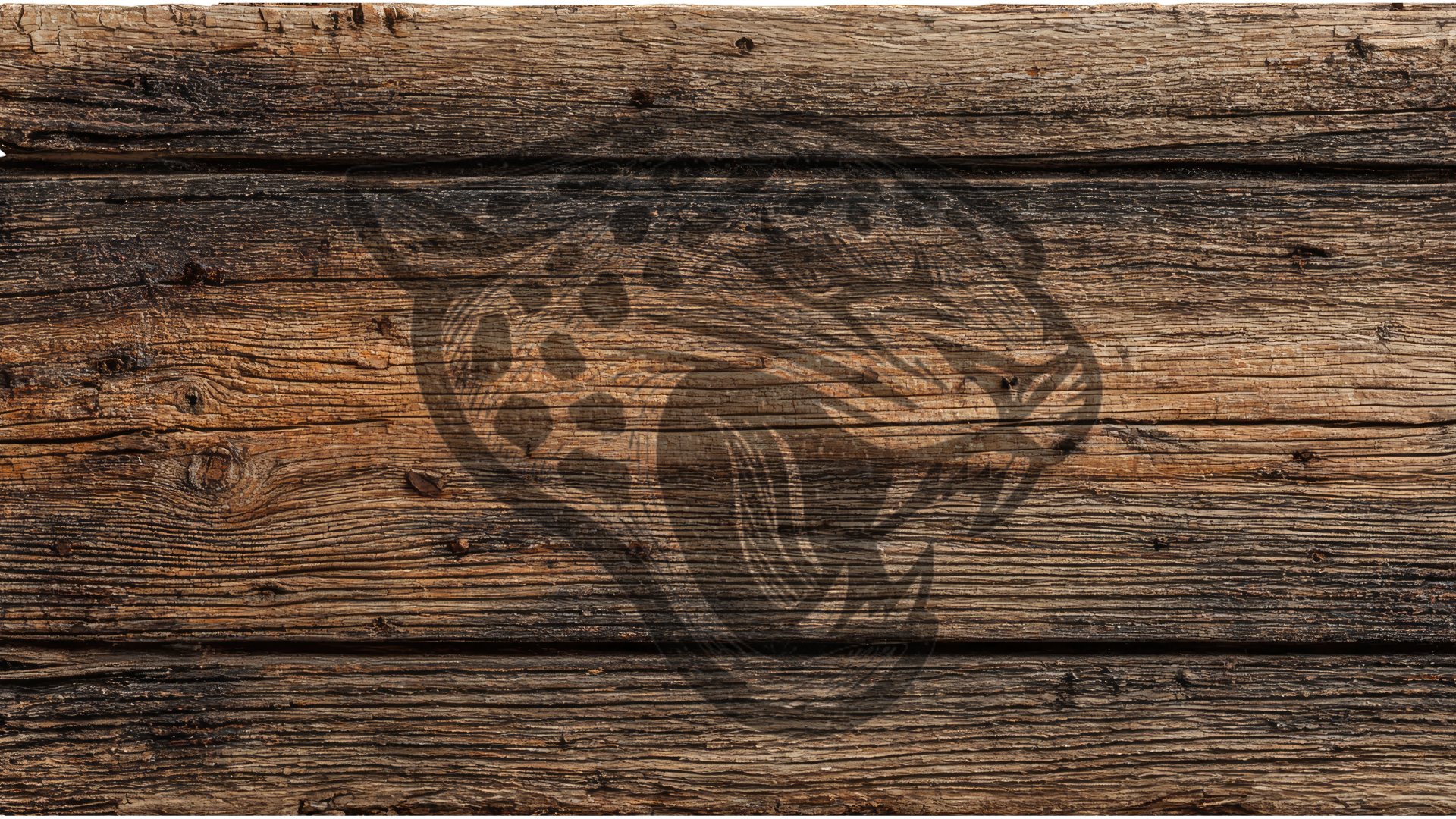 Rustic dark brown wood plank background with a faded black jaguar head graphic overlaid across the center.