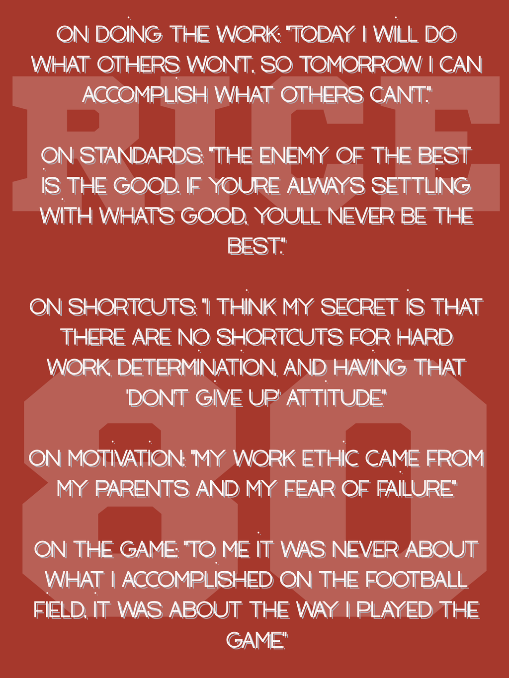A motivational poster with a textured red background and white text in FILENA font, displaying various quotes about work ethic, standards, shortcuts, and motivation.