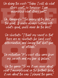 A red graphic with white handwritten-style text in Feeling Passionate Font containing motivational quotes about work, standards, shortcuts, motivation, and the game, overlaid on a large faded white 'RICE' and '80' design.