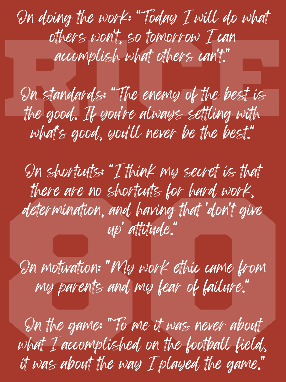A red graphic with white handwritten-style text in Feeling Passionate Font containing motivational quotes about work, standards, shortcuts, motivation, and the game, overlaid on a large faded white 'RICE' and '80' design.